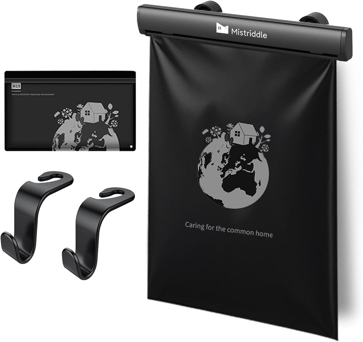 Mistriddle Headrest Hanging Car Trash Bag Holder - Aluminum Alloy with 25 Disposable Trash Bags, 2 Headrest Hooks, Compact Car Garbage Bin for Back Seat, Office, Travel & Camping (Black)