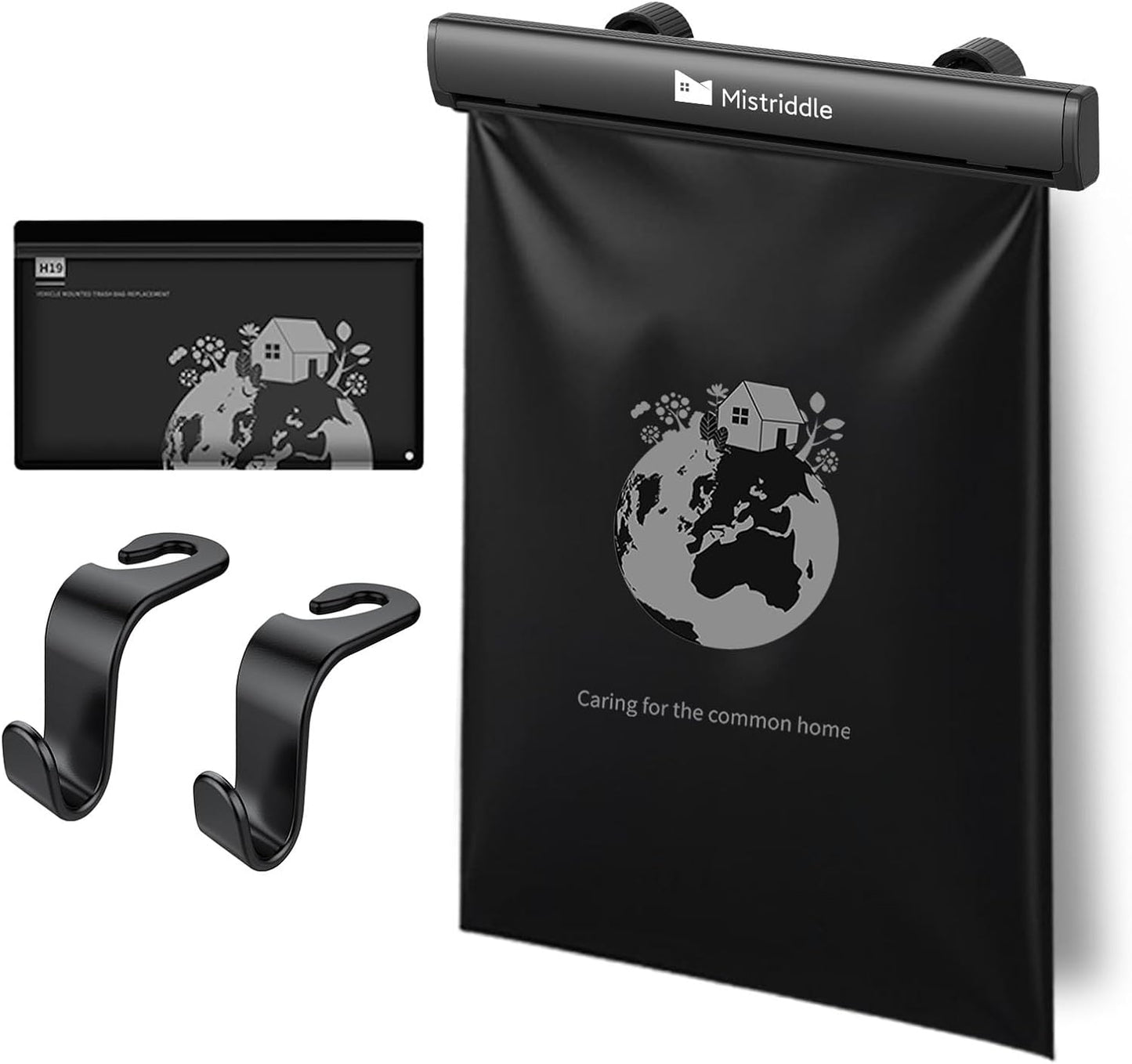 Mistriddle Headrest Hanging Car Trash Bag Holder - Aluminum Alloy with 25 Disposable Trash Bags, 2 Headrest Hooks, Compact Car Garbage Bin for Back Seat, Office, Travel & Camping (Black)