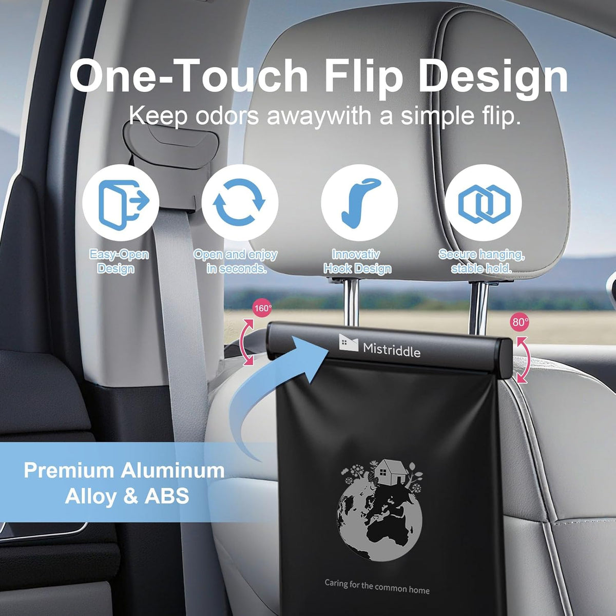 Mistriddle Headrest Hanging Car Trash Bag Holder - Aluminum Alloy with 25 Disposable Trash Bags, 2 Headrest Hooks, Compact Car Garbage Bin for Back Seat, Office, Travel & Camping (Black)